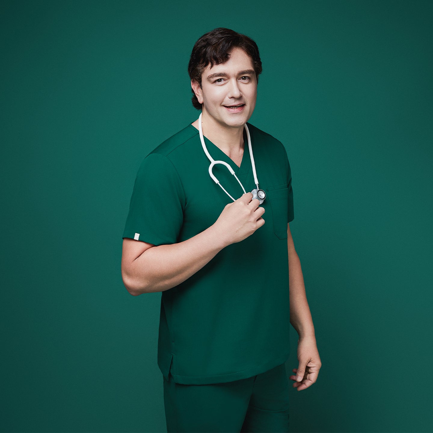 Image of Zenir | Men's 3-Pocket Scrub Top - Pine Green