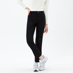 Image of Front view of TUL Women's Comfort Banding Pants in Stretch Black, showing a slim, tailored fit and a button closure.
