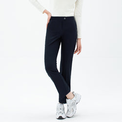 Image of Front view of TUL Women's Comfort Banding Pants in Stretch Navy, featuring a button closure and flexible waistband.