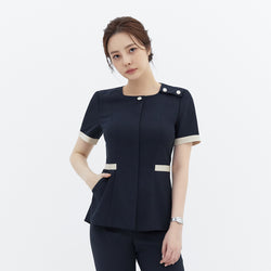 Image of Front view of TUL NCS-01 Women’s Classic Accent Scrub Top in Stretch Navy, showcasing subtle accent detail and a flattering fit.