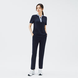 Image of Full-length shot of TUL NS-179 Women's V-Stretch Color Scrub Top in Stretch Navy, paired with matching pants for a cohesive uniform look.