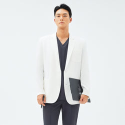 Image of Male model holding a black folder and smartphone while wearing the TUL LCM-12 Men’s Short Lab Coat in White Ivory.