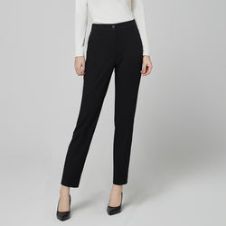 Image of Close-up detail of TUL Women's CS Straight Banding Pants in YT Black, highlighting the high-quality stretch fabric, clean stitching, and discreet banded waist for a tailored look.