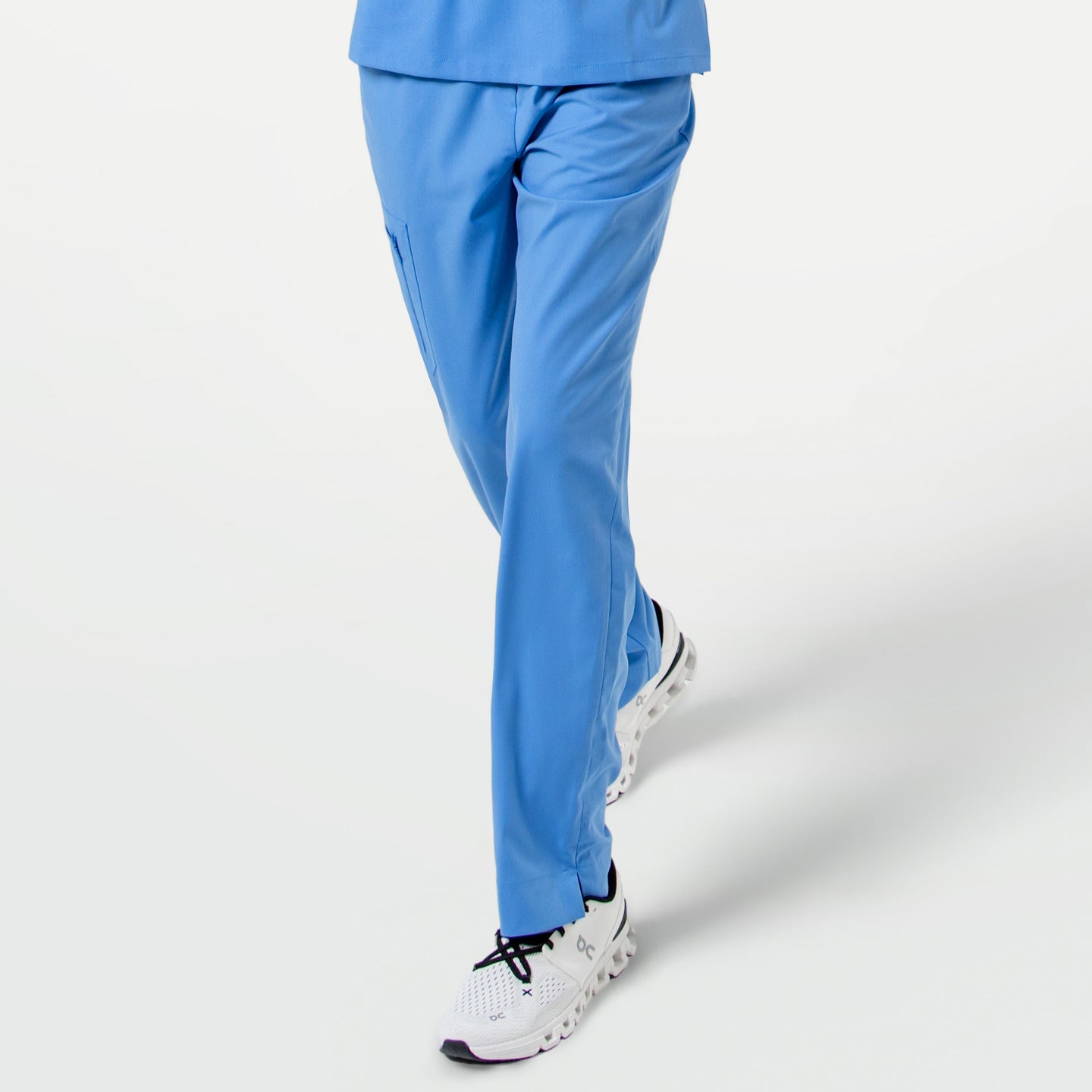 Image of Zipper Pocket Split Hem Scrub Pants in Ceil Blue, shown from the front.
